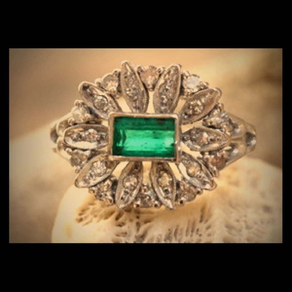 Vintage Diamond & Emerald Cocktail Ring in 14k WG